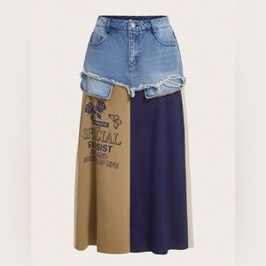 SHEIN Neu Slogan & Floral Print Colorblock Raw Trim Denim Skirt